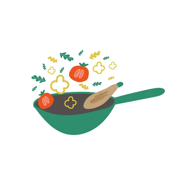 Wok pan, cocinar. Dibujo a mano alzada que ilustra el proceso de cocinar alimentos. Comida para cocinar, cartel . — Archivo Imágenes Vectoriales
