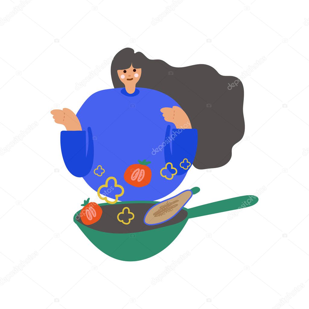 Freehand illustration of a girl preparing food. Frying pan wok cooking. Freehand drawing illustrating a woman cooking process. Cooking, poster.