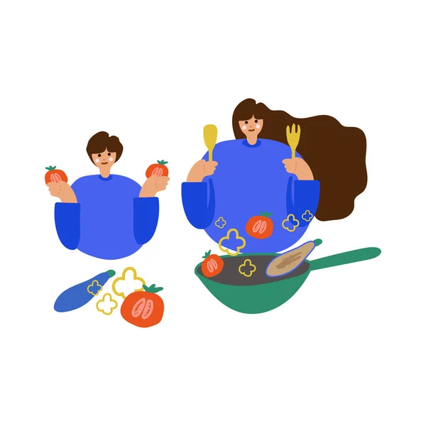 Ilustração de um rapaz, uma rapariga a cozinhar. Desenho à mão livre ilustrando o processo de cozinhar alimentos. Desenho de família, as crianças preparam-se para comer, verduras, uma colher. Ótimo para cartaz, menu . — Vetor de Stock