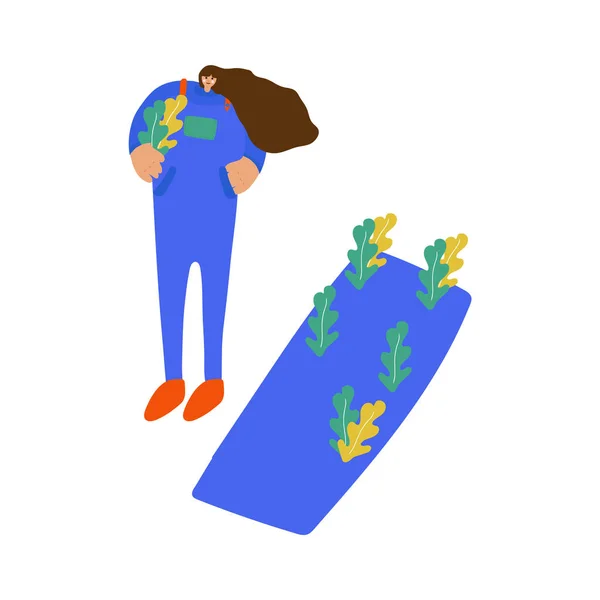 Una ilustración vectorial de una niña con plantas cerca de una cama de jardín. Mujer de diseño plano y jardín. Mujer con personajes de dibujos animados de plantas aisladas. Demostración del jardín, huerto, plantación . — Vector de stock
