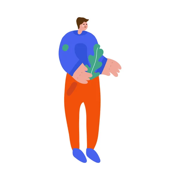 Una ilustración vectorial de un tipo con una planta. Hombres de diseño plano. Tipo con una planta personajes de dibujos animados aislados. Demostración del jardín, huerto, plantación . — Vector de stock