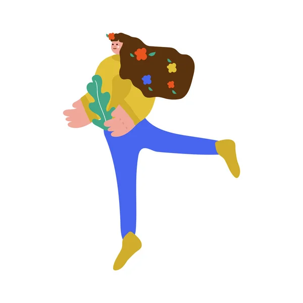 Vector illustratie Meisje met een platte vector illustratie. Platte vrouwen. Meisje met planten planten geïsoleerde stripfiguren. Demonstratie van een tuin, tuin, aanplant. — Stockvector