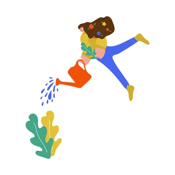 Ilustración vectorial Chica con una ilustración de vectores planos perforados. Mujeres de diseño plano. Chica con plantas plantas personajes de dibujos animados aislados. Demostración de un jardín, jardín, plantación . — Vector de stock