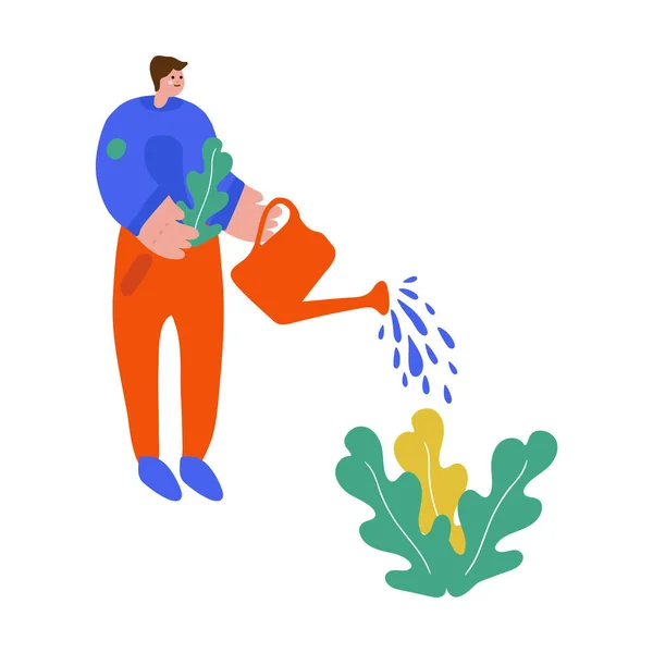 사람 이 식물을 가지고 있는 벡터 그림. 플랫 디자인 남자. 식물에 고립된 만화 캐릭터를 가진 남자. 채원, 채원, 심기. — 스톡 벡터