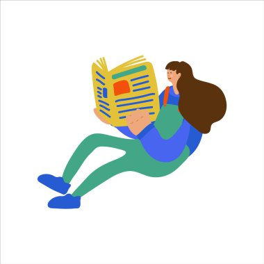 Tablette gazete ya da haber okuyan bir kızın vektör çizimi. Haberlerle ve küresel olaylarla ilgili olaylar. El çizimi resimler.