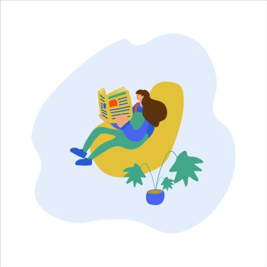 Tablette gazete ya da haber okuyan bir kızın vektör çizimi. Haberlerle ve küresel olaylarla ilgili olaylar. El çizimi resimler.