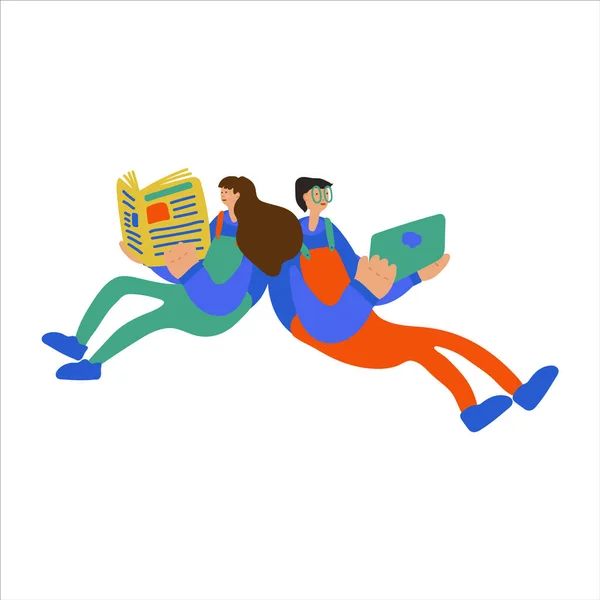 Vector illustration of a girl and a guy sitting reading a newspaper or news on a tablet. Events related to news and global events. Hand-drawn images. — Stock Vector