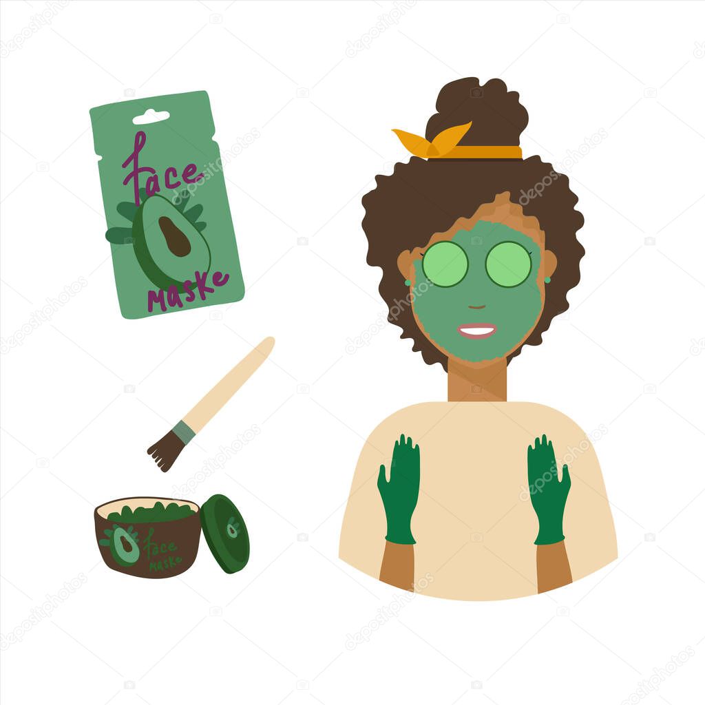Vector illustration, personal care. A face mask with a different design and a girl with a mask on her face and cucumbers in her eyes. 