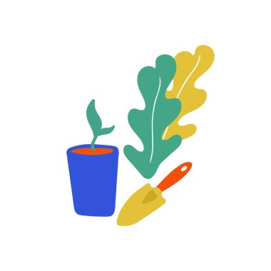 Bir bahçe, kürek, bitkiler, çiçekler. İskandinav tarzında asgari illüstrasyon. Bitki yetiştirmek için gerekli şeylerin gösterimi.