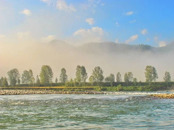 Ομίχλη Πάνω Από Βουνό Του Ποταμού Katun Δημοκρατία Του Gorny — Φωτογραφία Αρχείου