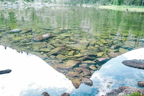 Parkta yansıması olan dağ gölü Ergaki, Rusya