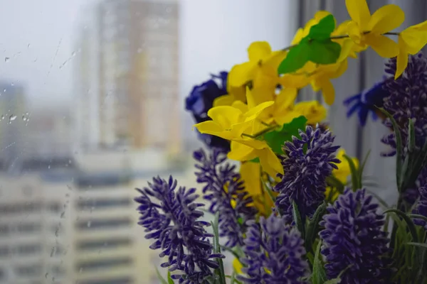 Gele Bloemen Een Raam Hoge Verdieping — Stockfoto