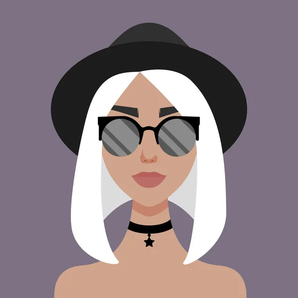 Vector illustration with hipster girl, geek glasses, hat in flat style. — Stock Vector