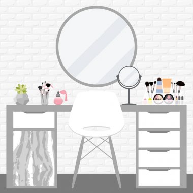 Vector illustration with make-up table, chair, mirror and cosmetics product clipart