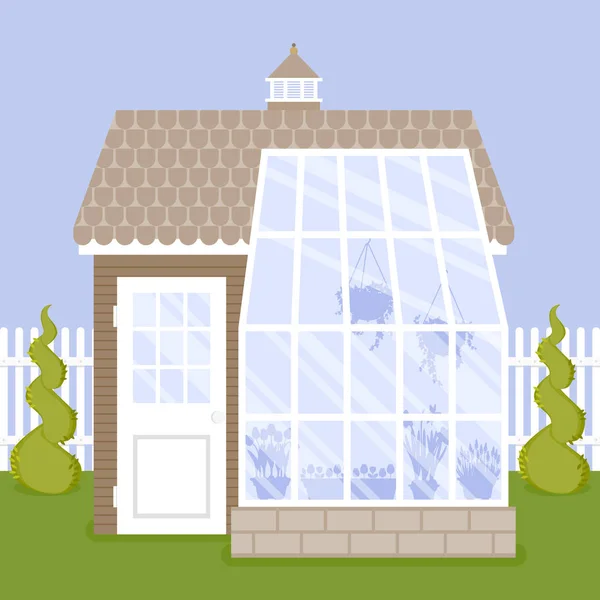 Ilustración vectorial de invernadero con paredes de vidrio y cimentación de ladrillo — Archivo Imágenes Vectoriales
