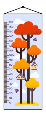 Vector illustration of kids height chart with tree and nesting box. clipart