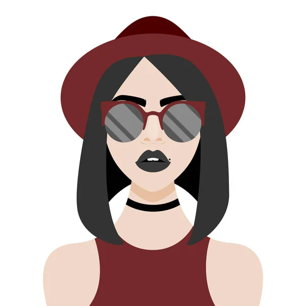 Vector illustration with hipster girl, geek glasses, hat in flat style. — Stock Vector