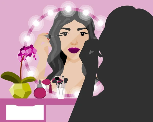 Ilustração vetorial com menina fazendo tutorial de maquiagem na mesa de vaidade, espelho e produtos cosméticos — Vetor de Stock