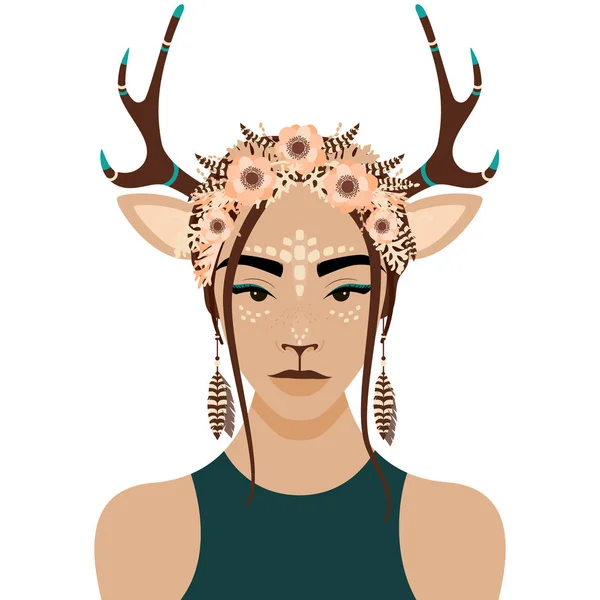 Ilustración vectorial de niña con orejas de ciervo y cuernos, flor, pluma y corona — Vector de stock