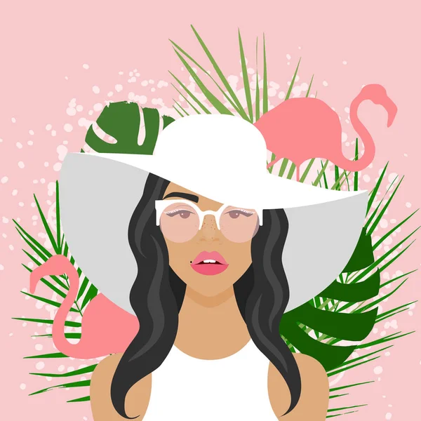 Vector illustration with beautiful woman with hat — Stock Vector