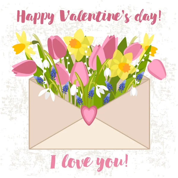 Вітальна листівка з квітами в листі та тексті з днем святого Валентина — стоковий вектор