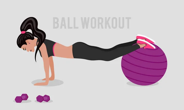 Vector illustration wiith girl and stability ball in flat style. — Stock Vector