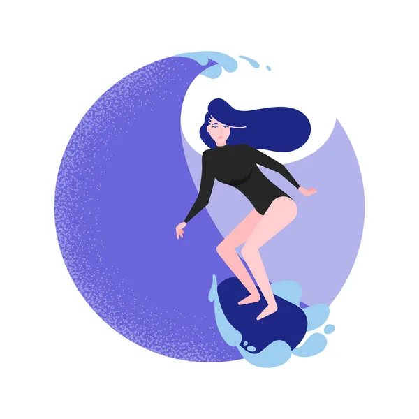Chica surfista en ola en estilo plano. Dibujos animados carácter vector ilustración . — Archivo Imágenes Vectoriales