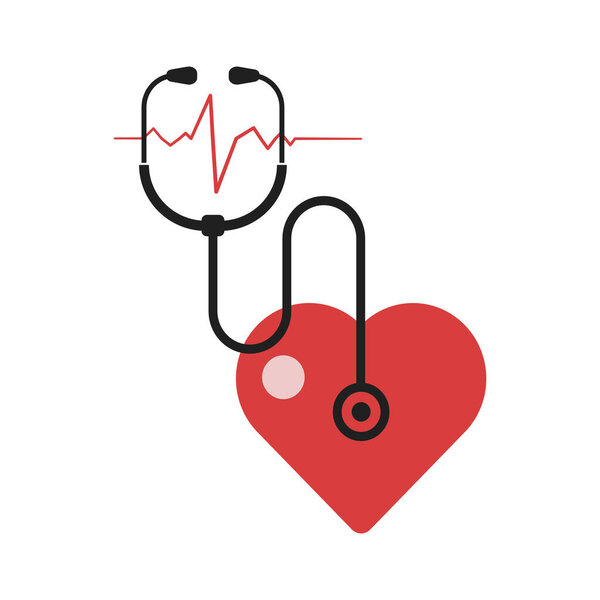 Stethoscope with heart illustration. Flat illustration. Concept of heart health. Isolated on white background.