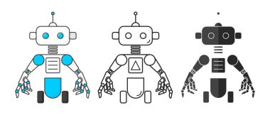 Tekerlekli insansı robotlar. Beyaz arka planda izole edilmiş. Düz biçim.