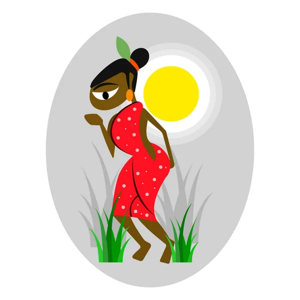 Indiska Byn Kvinna Som Arbetar Risfält Paddy Platt Stil Illustration — Stock vektor