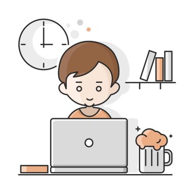 Evde çalışıyorum. Ofis işi ve uzaktan kumanda, serbest çalışma. Bilgisayarda çalışan genç adam..
