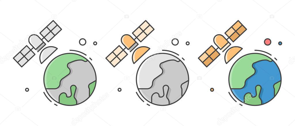 Artificial satellite orbit on planet earth. Icons set in different style. Flat style. Isolated on white background.