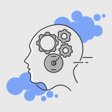 İnsan kafası ve dişliler. Düşünme kavramı, beyin fırtınası. Düşünce süreci. Düz çizim. Özet geç. Beyaz arkaplanda izole.