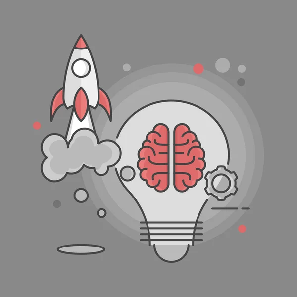 人間の脳とロケットの打ち上げイラスト 創造的なアイデアの概念 平面図 — ストックベクタ