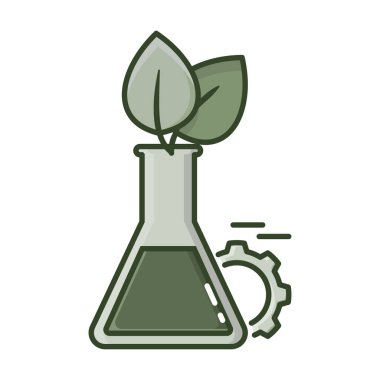 Laboratuvar deney şişesi, yapraklar ve vites simgesi. Tarım teknolojisi kavramı. Düz stil. Beyaz arkaplanda izole.