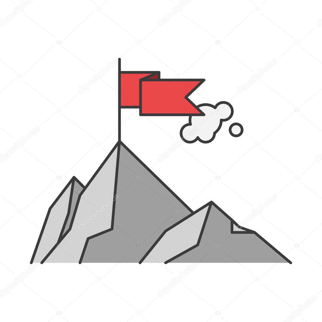 Flag on the mountain peak. Flat style. Isolated on white background.