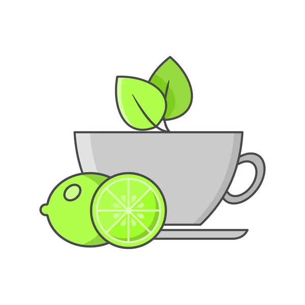 Tasse Grüner Tee Und Limette Auf Einer Untertasse Flache Illustration — Stockvektor