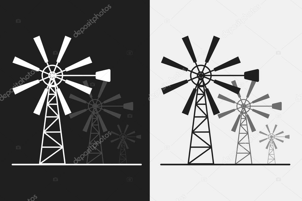 Black and white silhouette windmill alternative and renewable energy icon flat style illustration
