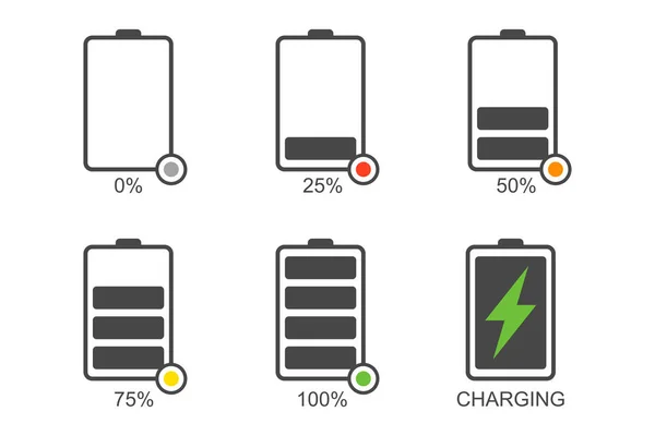 Σύνολο Εικονιδίων Δεικτών Φόρτισης Μπαταρίας Επίπεδο Στυλ Μεμονωμένα — Διανυσματικό Αρχείο