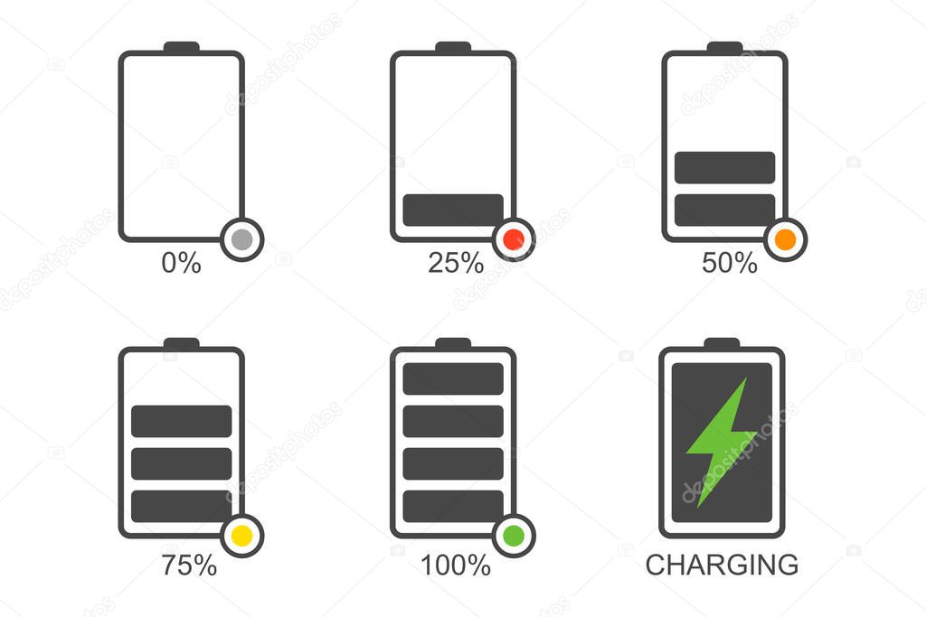 Battery charge indicator icon set. Flat style. Isolated.