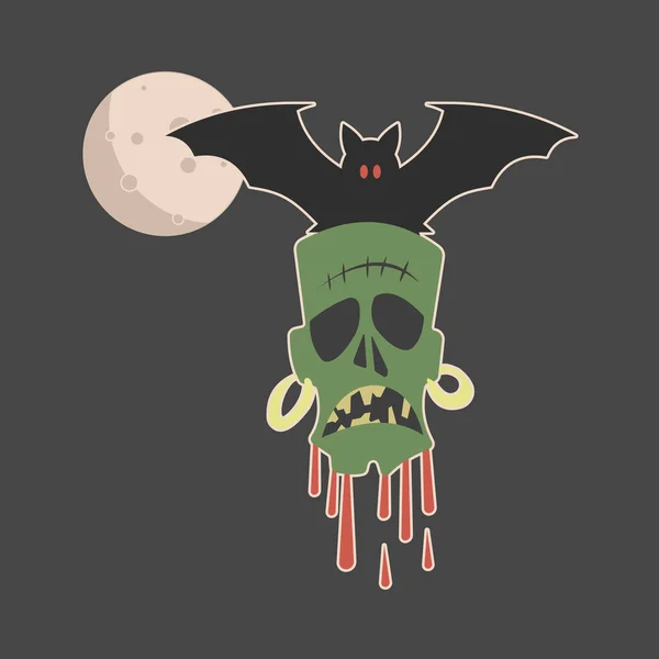 Dibujos Animados Espeluznante Murciélago Halloween Llevando Una Cabeza Zombie Luz — Vector de stock