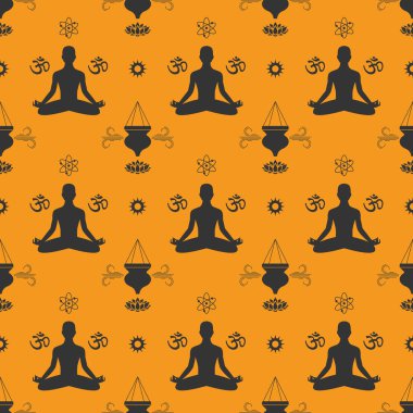 Yoga ve Ayurveda safran renkli arka planda kusursuz desen. Ayurvedic tekstil ambalaj kağıdı tasarımı.