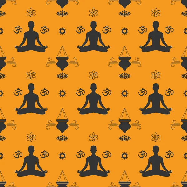 Yoga Ayurveda Padrão Sem Costura Fundo Cor Açafrão Design Papel — Vetor de Stock