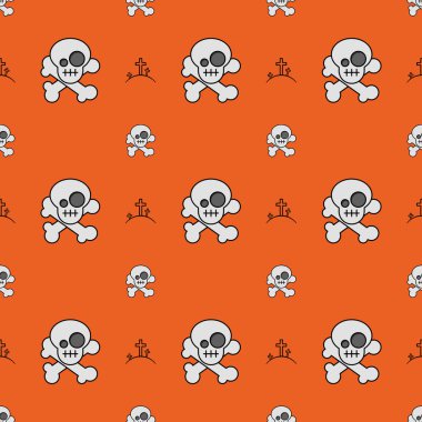 Kafatasları ve kemikleri turuncu renkte. Cadılar Bayramı arka plan tekstil ambalaj kağıdı tasarımı.