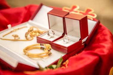 Wedding Dowry, The Dowry Marriage in Thailand, Thailand wedding, ceremony, bride price, wedding rings in red box clipart