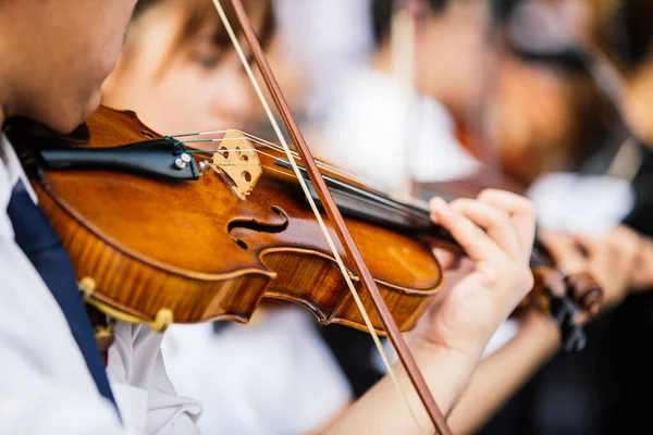 Close up violin player hands, student violinist playing violin in orchestra concert