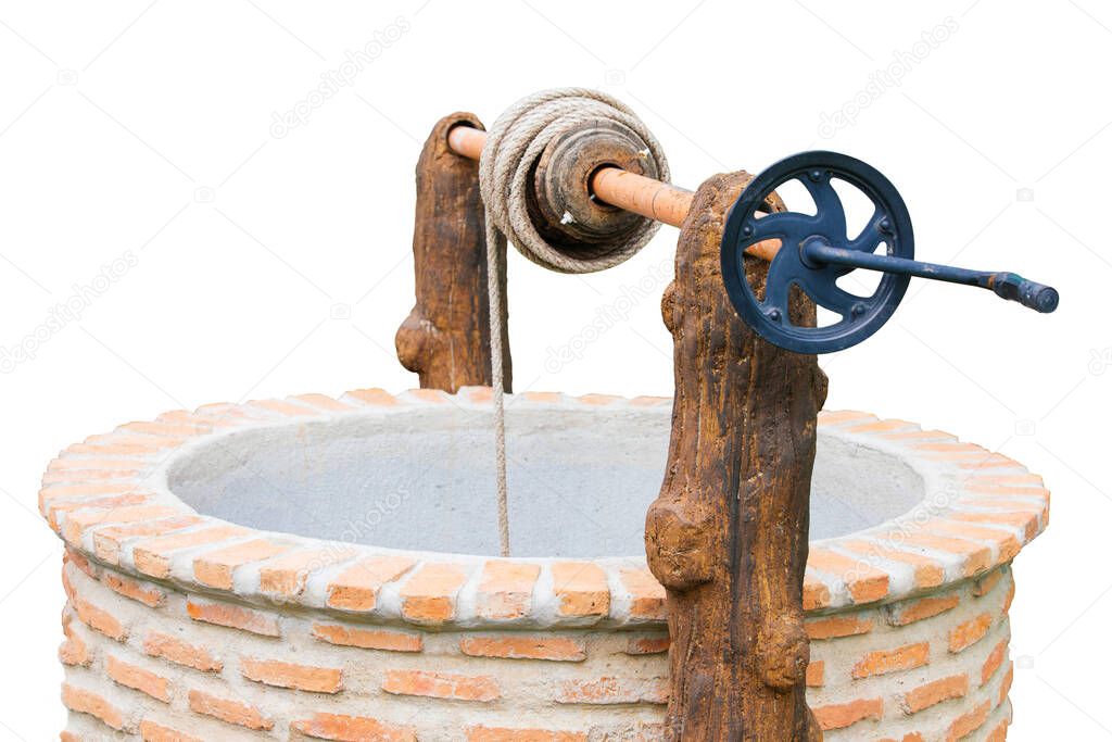 Ancient artesian well made by bricks and wheel pulley on white background, isolated, clipping path included