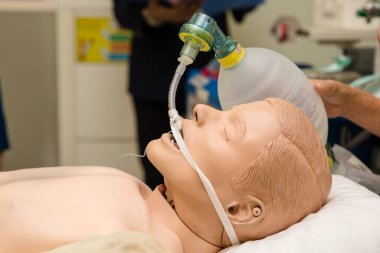 Suni teneffüs (kardiyopulmoner resüsitasyon), manken hasta için ambu torbası tutma, ilk yardım eğitimi, kalp masajı tıbbi prosedürü