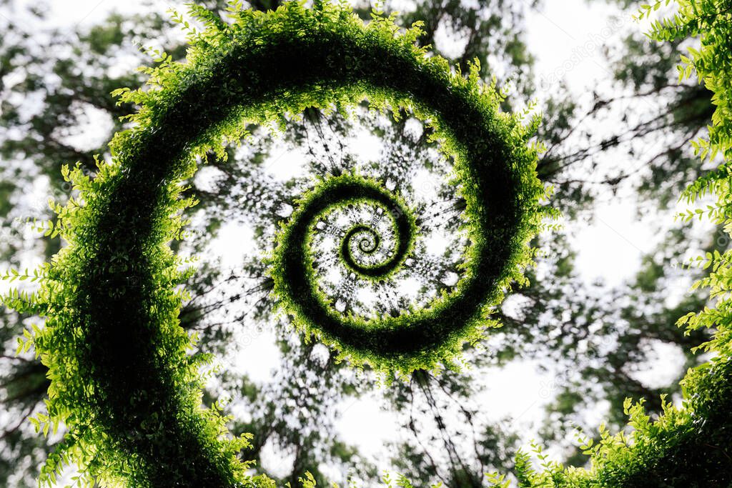 Green leaves tree branch spiral abstract fractal effect pattern background