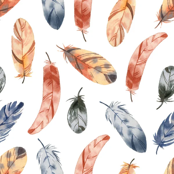 Pattern Bright Cute Feathers Watercolor Style White Background — Stock Photo, Image